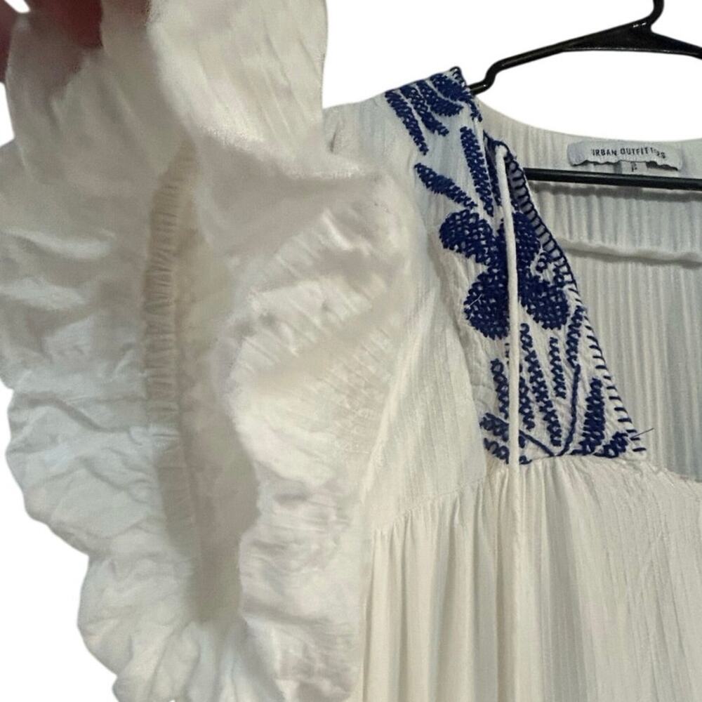 Urban Outfitters White Blue Embroidered BohoMidi Dress Square Neck Puff Sleeve S - Picture 7 of 8